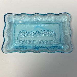 Vintage Indiana Tiara Aqua Blue Glass The Last Supper Soap Dish Tray 5.5" x 3.5"